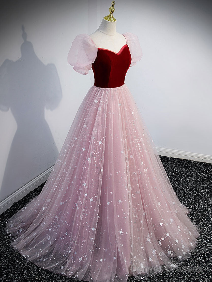 Pink A line Tulle Long Prom Dress, Pink Tulle Evening Graduation Dresses Main image