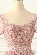 Pink A-Line Tulle Pleated Floral Long Prom Dress Adult Ceremony Graduation Prom Dress