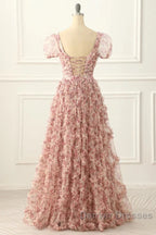 Pink A-Line Tulle Pleated Floral Long Prom Dress Adult Ceremony Graduation Prom Dress