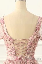 Pink A-Line Tulle Pleated Floral Long Prom Dress Adult Ceremony Graduation Prom Dress