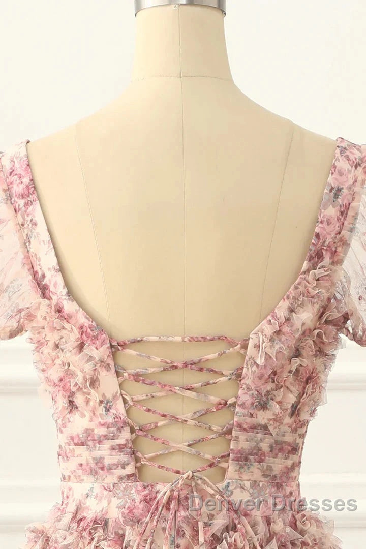 Pink A-Line Tulle Pleated Floral Long Prom Dress Adult Ceremony Graduation Prom Dress