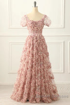 Pink A-Line Tulle Pleated Floral Long Prom Dress Adult Ceremony Graduation Prom Dress