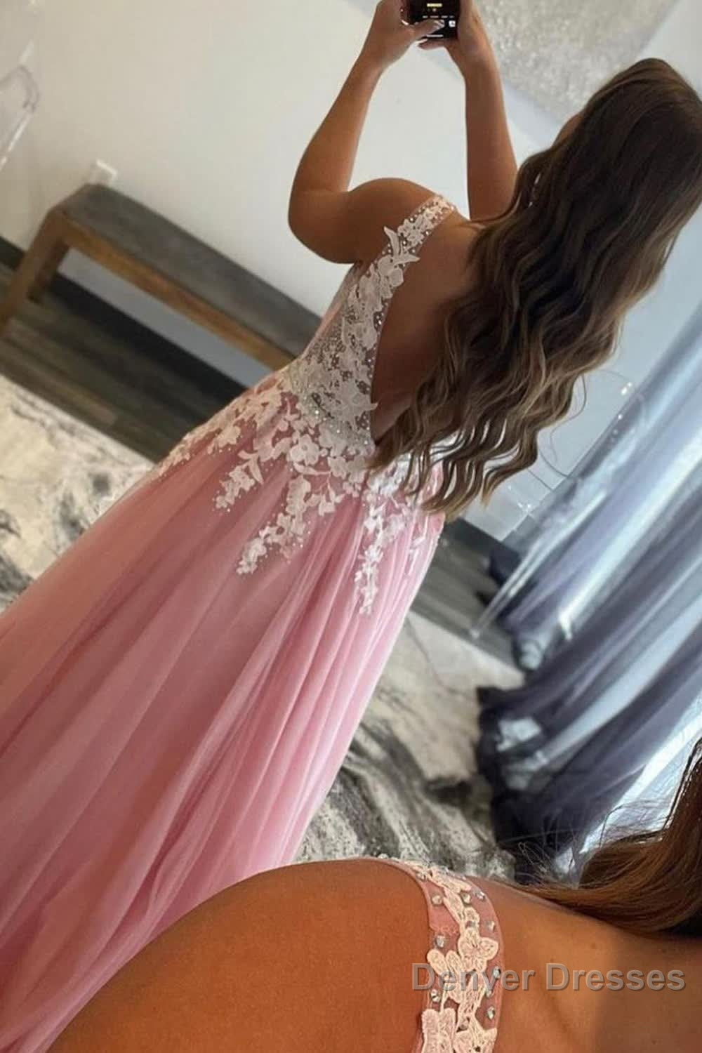 Pink A-Line Tulle Prom Dress with Appliques Secondary image