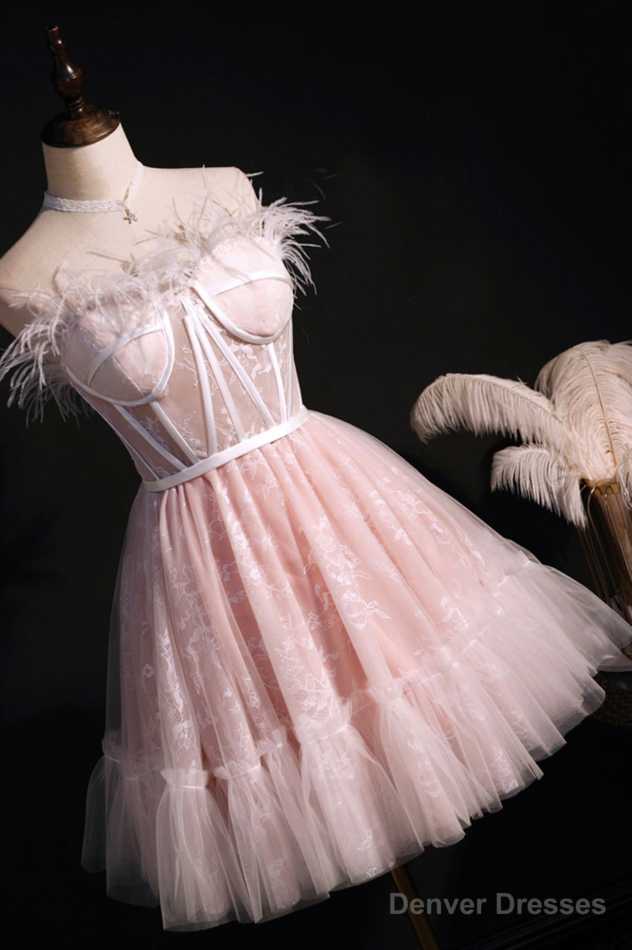 Pink A-Line Tulle Short Prom Dress with Feather, Pink Strapless Party Dress Main image