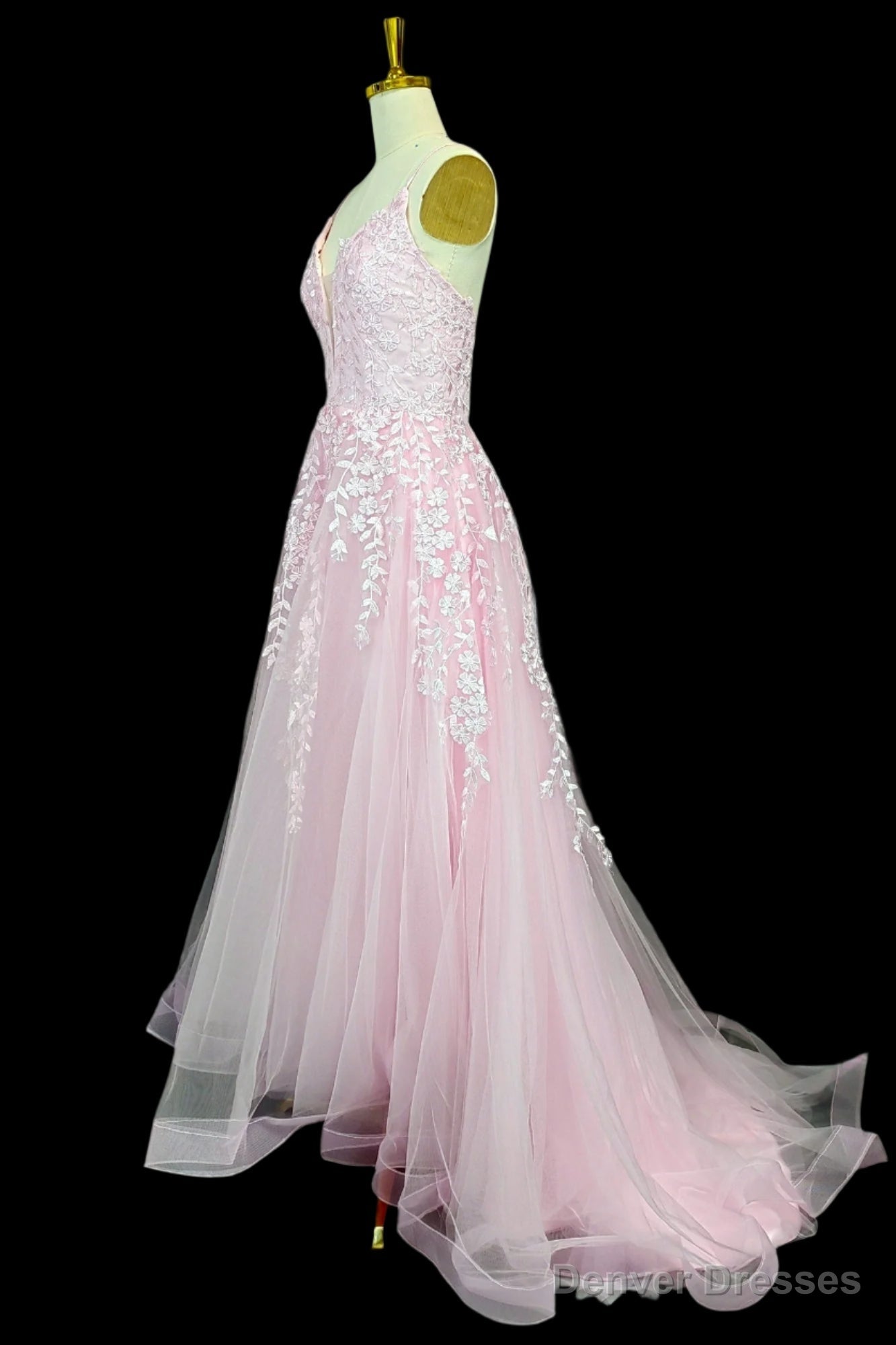 Pink A-line V Neck Spaghetti Straps Sweep Train Tulle Prom Dresses With Appliqued Beading Secondary image