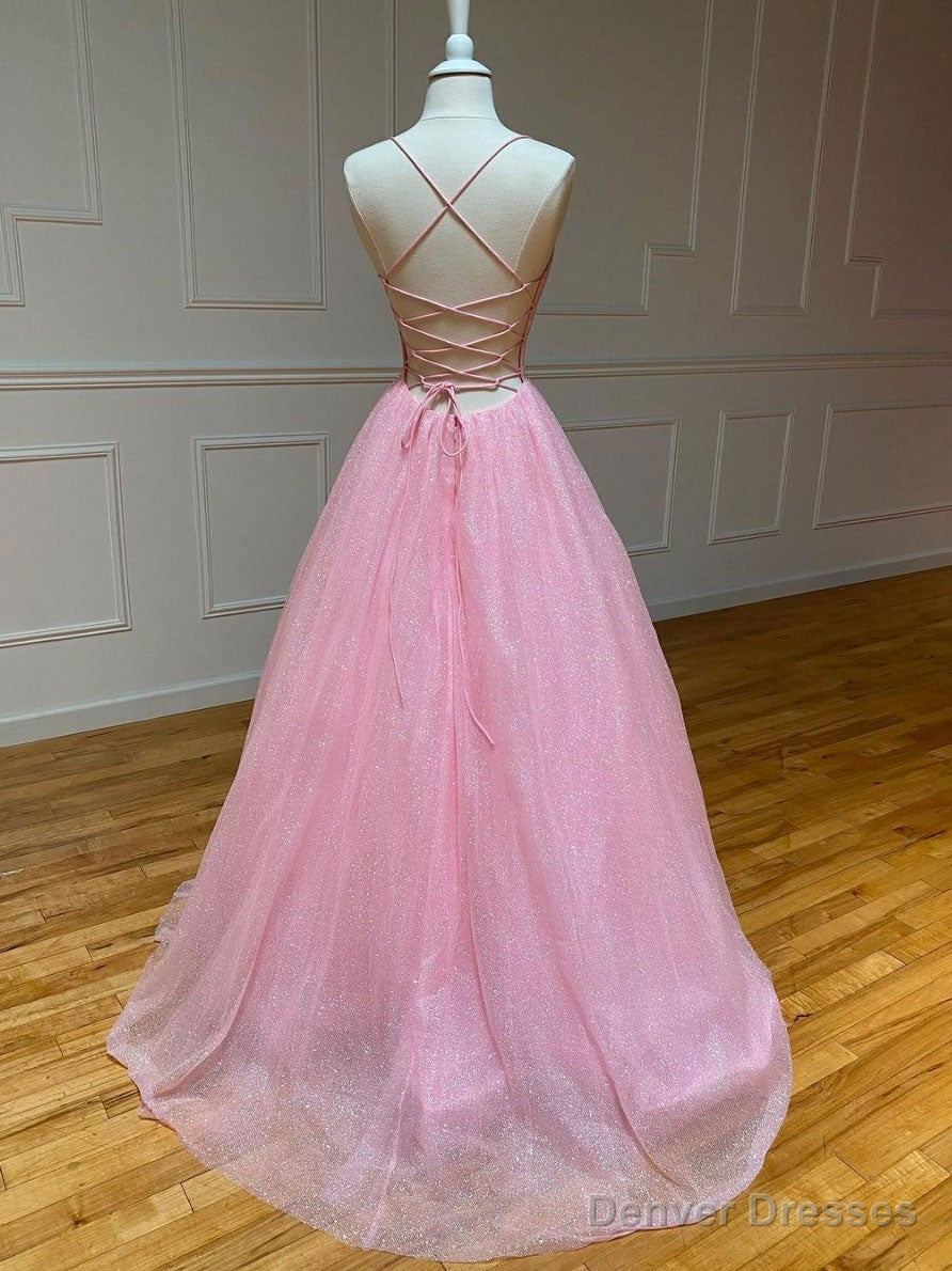 Pink A-line v neck tulle long prom dress, pink evening dress Secondary image