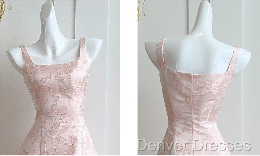 Pink A-Line Vintage Butterfly Embroidered Satin Prom Dress Birthday Dressed01772