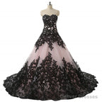 Pink And Black Applique Lace Quinceanera Ball Prom Dresses