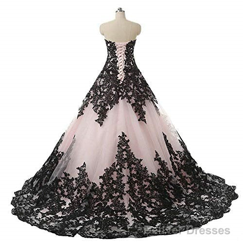 Pink And Black Applique Lace Quinceanera Ball Prom Dresses