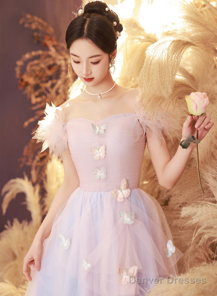 Pink And Blue Short Party Dress Off Shoulder Formal Dress, Cute Homecominig Dress Secondary image