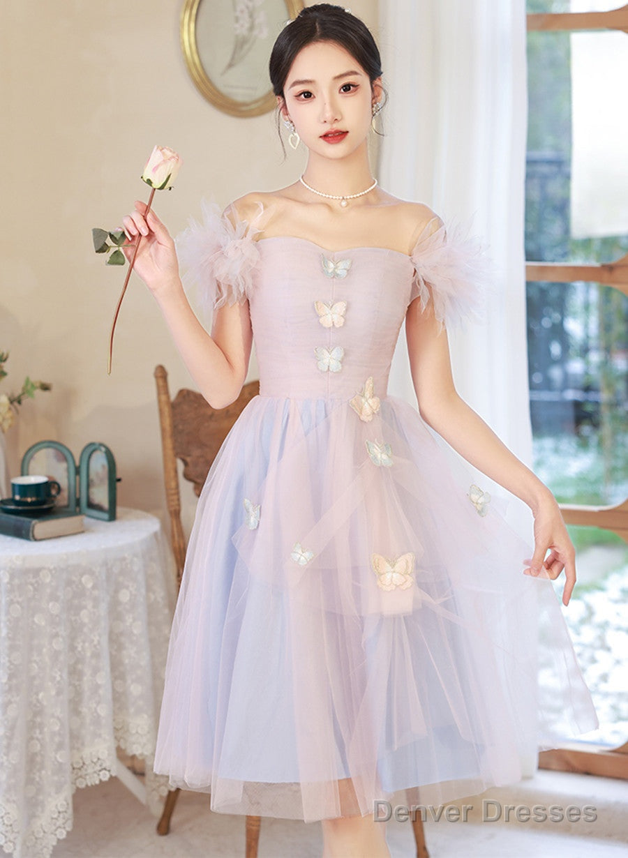 Pink And Blue Short Party Dress Off Shoulder Formal Dress, Cute Homecominig Dress Main image