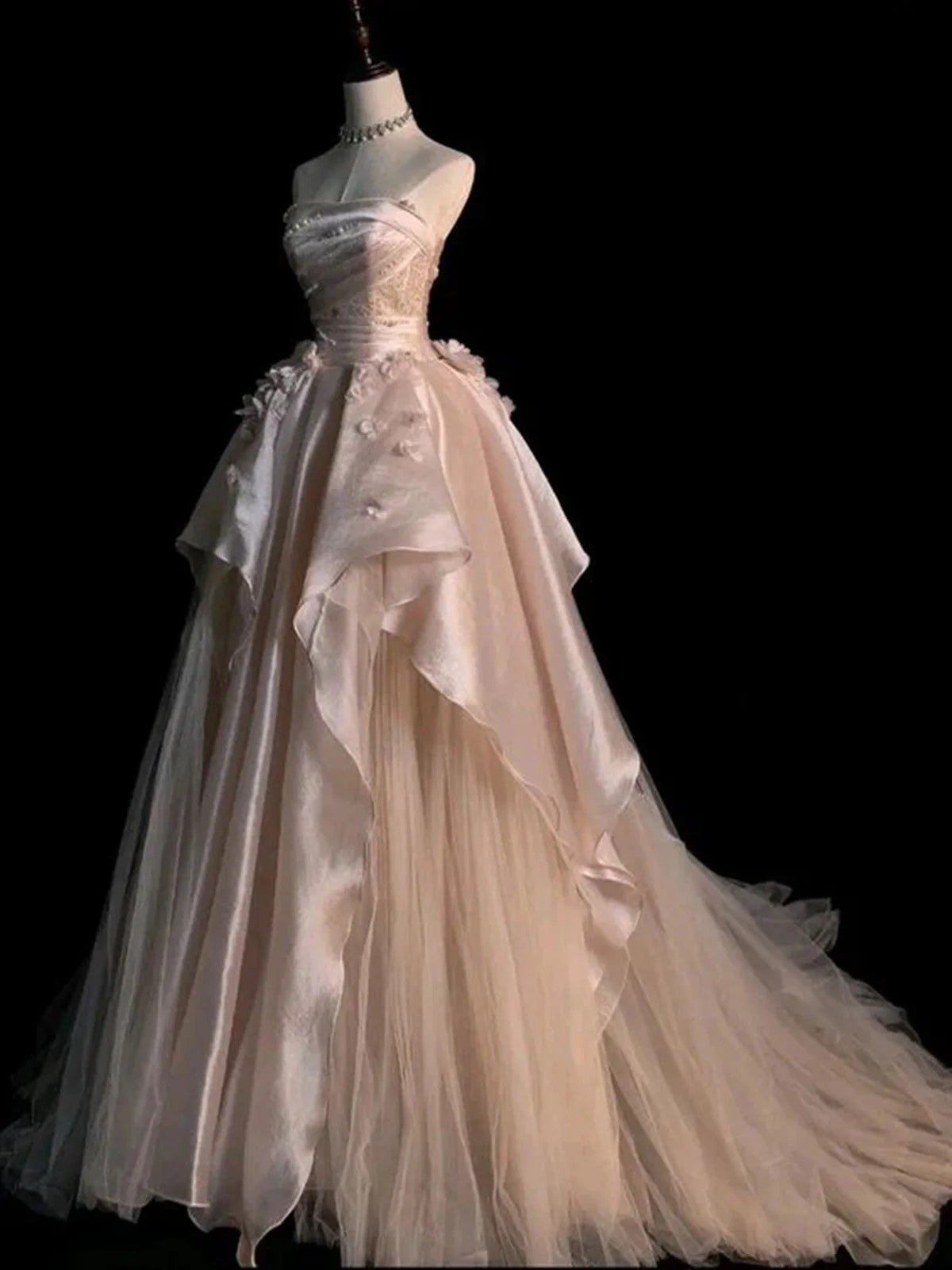 Pink And Champagne Strapless A-Line Tulle Party Dress, Satin And Tulle Formal Dress Secondary image