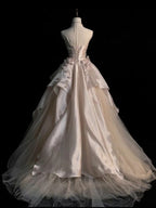 Pink And Champagne Strapless A-Line Tulle Party Dress, Satin And Tulle Formal Dress