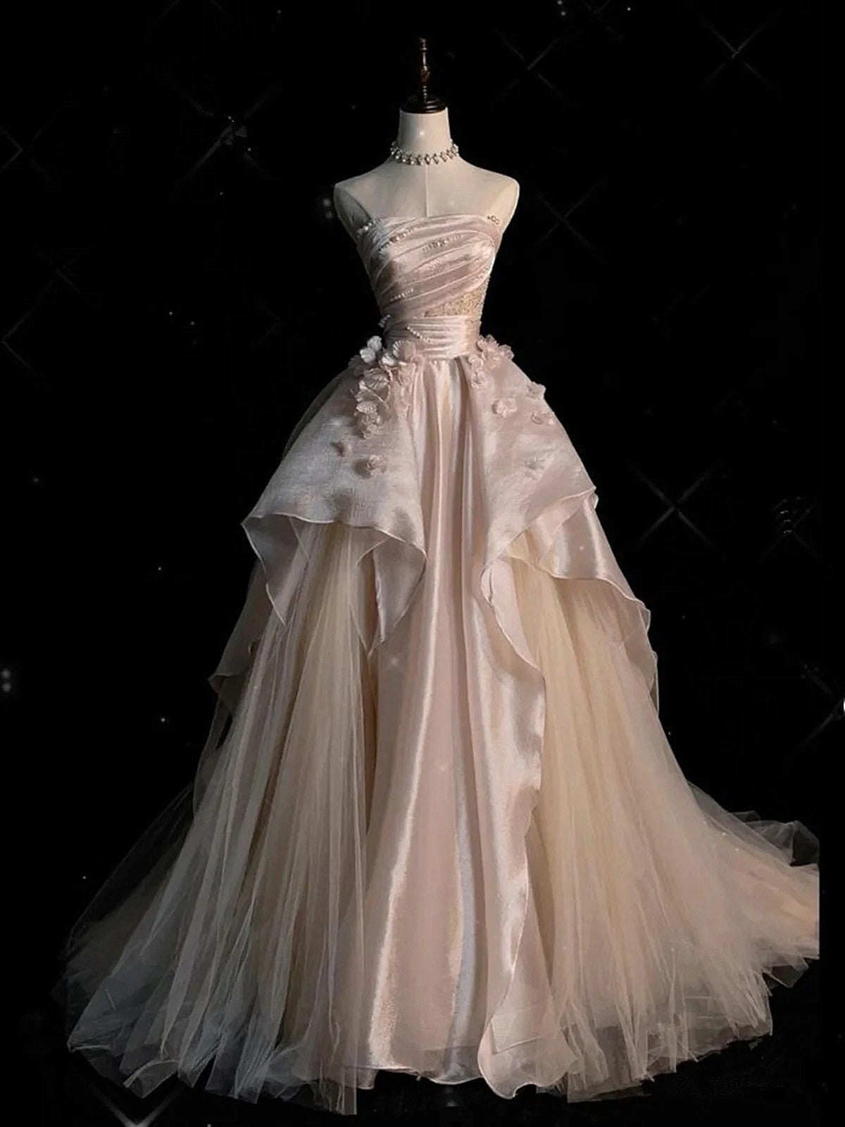 Pink And Champagne Strapless A-Line Tulle Party Dress, Satin And Tulle Formal Dress Main image