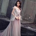 Pink And Grey Tulle Puffy Sleeves Formal Dress With Flowers, A-Line Tulle Party Dresses