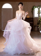 Pink and White Tulle Beaded Layers Sweet 16 Dress, Tulle Long Prom Dress