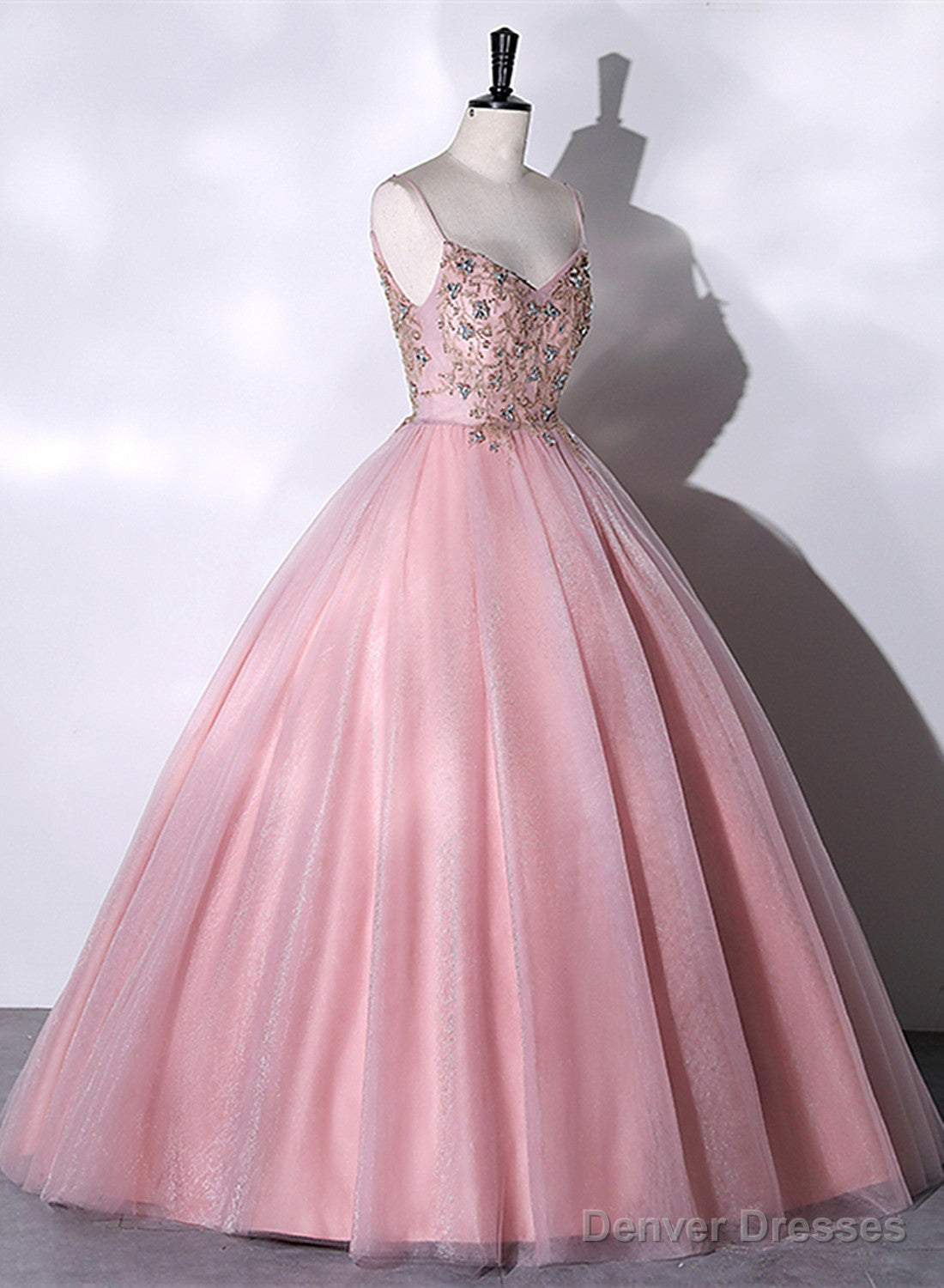 Pink Ball Gown Beaded V-neckline Prom Dress, Pink Sweet 16 Dresses Main image