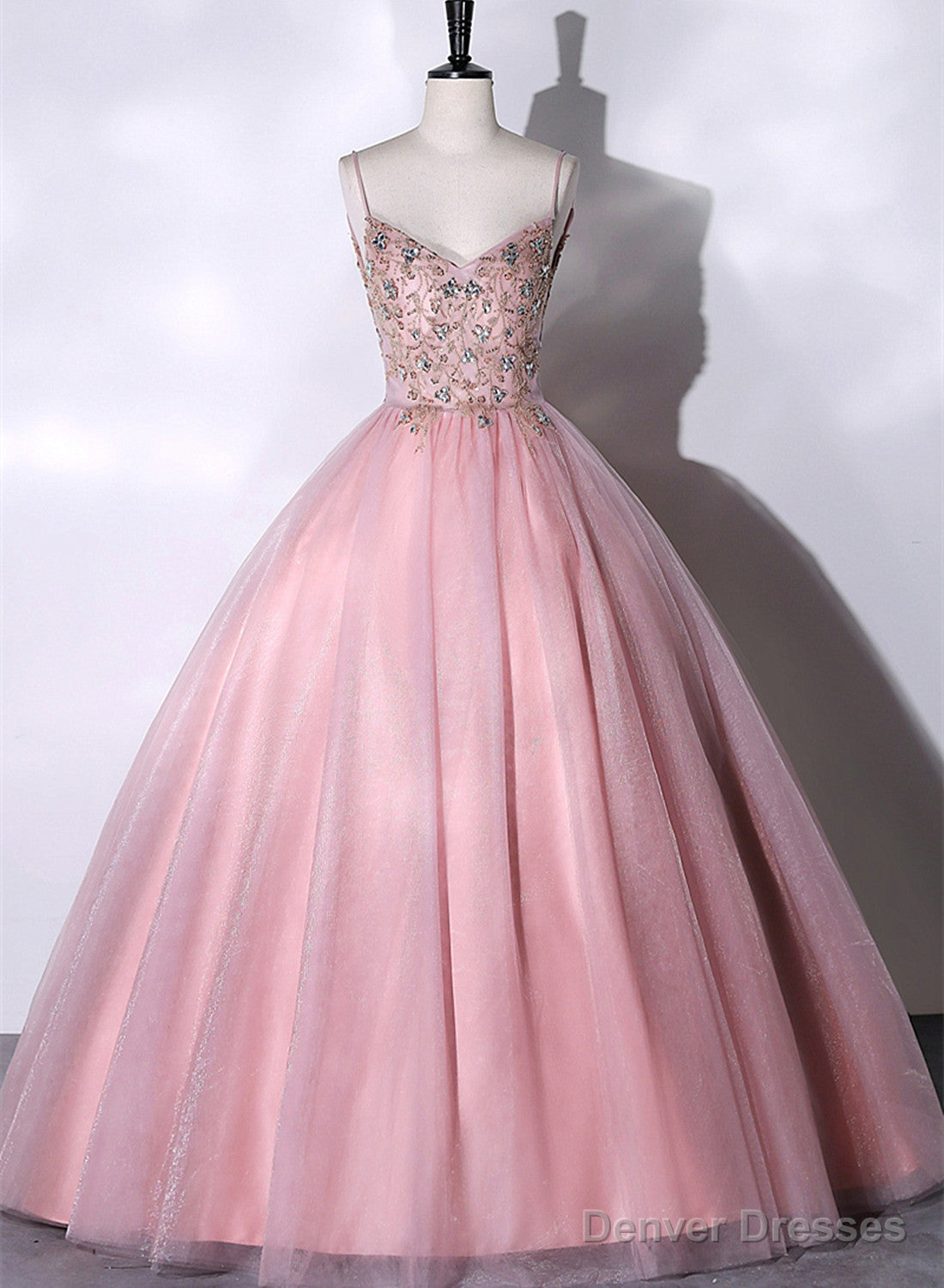 Pink Ball Gown Beaded V-neckline Prom Dress, Pink Sweet 16 Dresses Secondary image