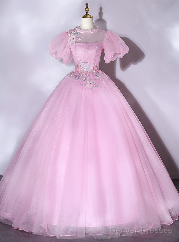 Pink Ball Gown Puff Sleeve Backless Appliques Quinceanera Dress Main image
