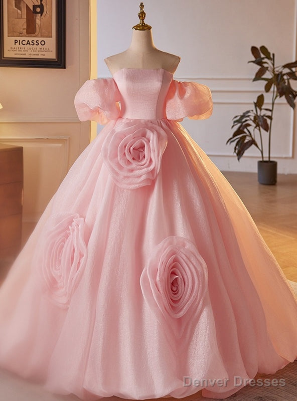 Pink Ball Gown Puff Sleeve Flower Prom Dress Main image