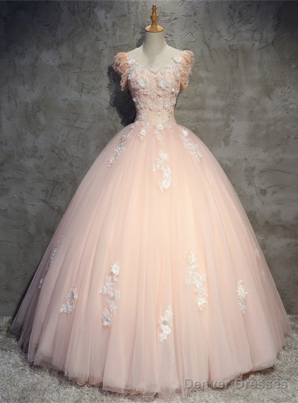 Pink Ball Gown Scoop Tulle Appliques Quinceanera Dress Main image