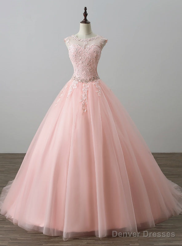Pink Ball Gown Tulle Appliques Backless Long Sweet 16 Dresses Main image