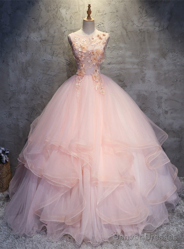 Pink Ball Gown Tulle Appliques Beading Quinceanera Dress Main image