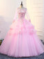 Pink Ball Gown Tulle Appliques Long Sleeve Quinceanera Dresses
