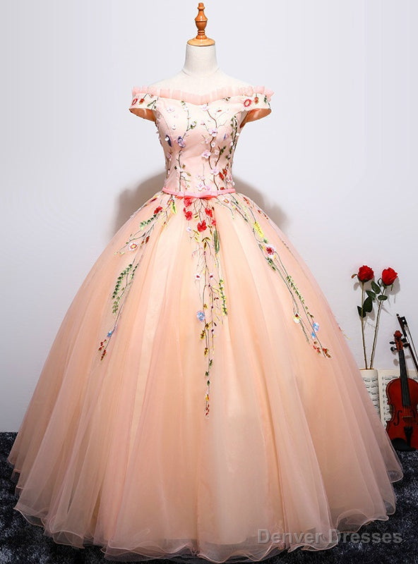 Pink Ball Gown Tulle Appliques Off The Shoulder Quinceanera Dresses Main image