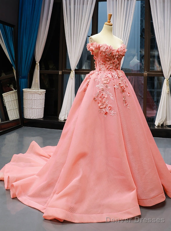 Pink Ball Gown Tulle Off the Shoulder Appliques Prom Dress With Train Main image