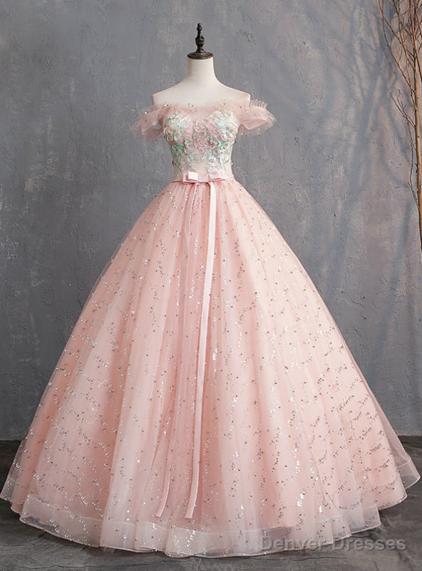 Pink Ball Gown Tulle Off the Shoulder Appliques Quinceanera Dresses Main image