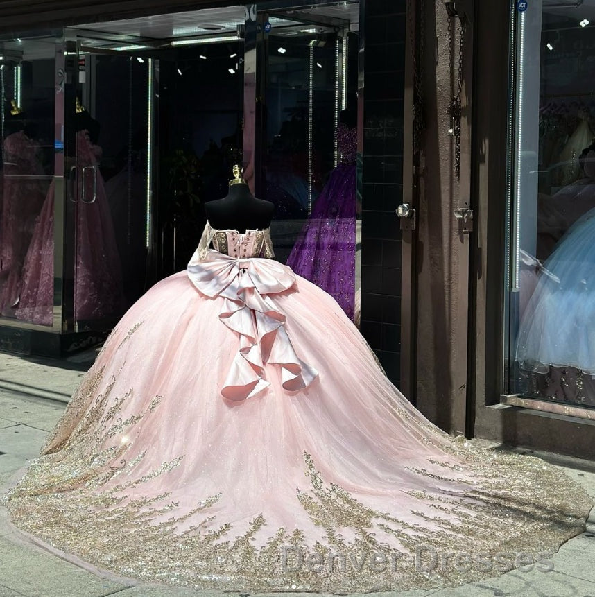 Pink Ball Gown Tulle Off-the-Shoulder Quinceanera Dress with Sequins Secondary image