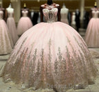 Pink Ball Gown Tulle Off-the-Shoulder Quinceanera Dress with Sequins