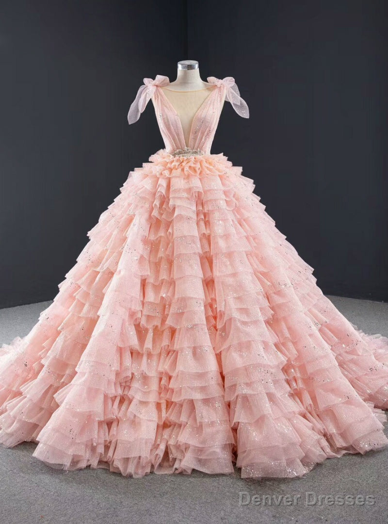 Pink Ball Gown Tulle V-neck Backless Beading Long Prom Dress Main image