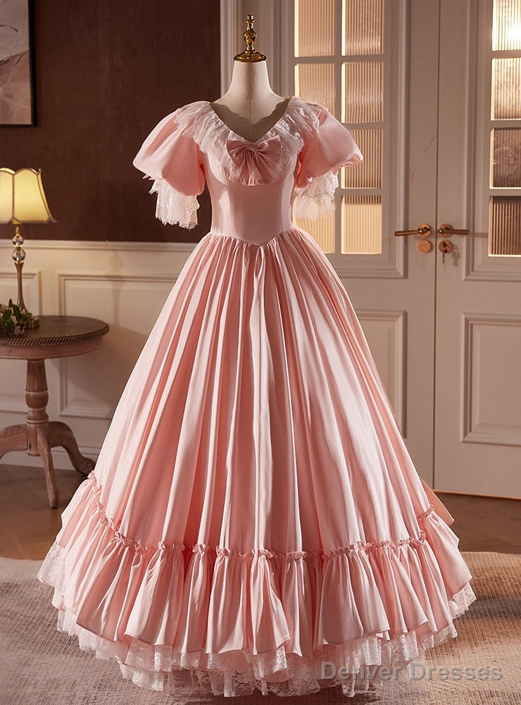 Pink Ball Gown V-neck Puff Sleeve Satin Lace Prom Dress Main image