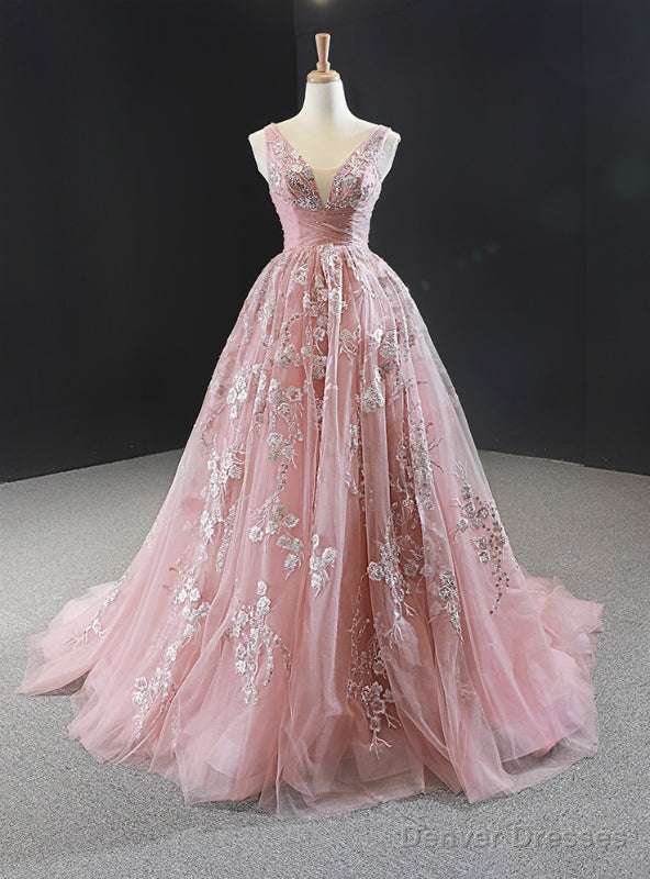 Pink Ball Gown V-neck Tulle Appliques Beading Prom Dress Main image