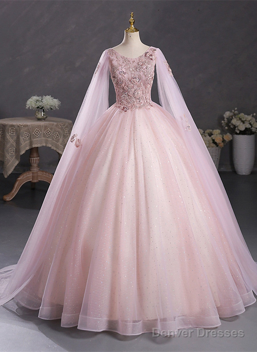Pink Ball Gown V-Neckline Floral Lace Sweet 16 Dress, Pink Ball Gown Prom Dress