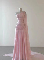 Pink Beaded Elegant Floor-Mounting Maxi Dress Long Tulle Prom Dress Evening Dress