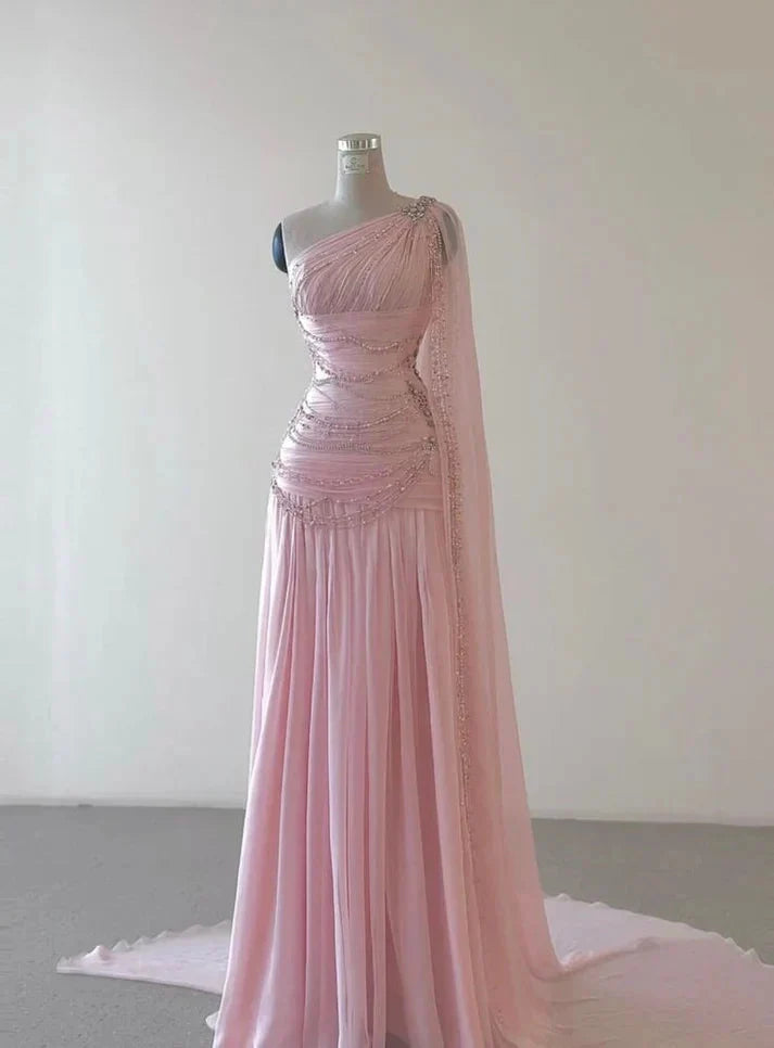 Pink Beaded Elegant Floor-Mounting Maxi Dress Long Tulle Prom Dress Evening Dress Main image
