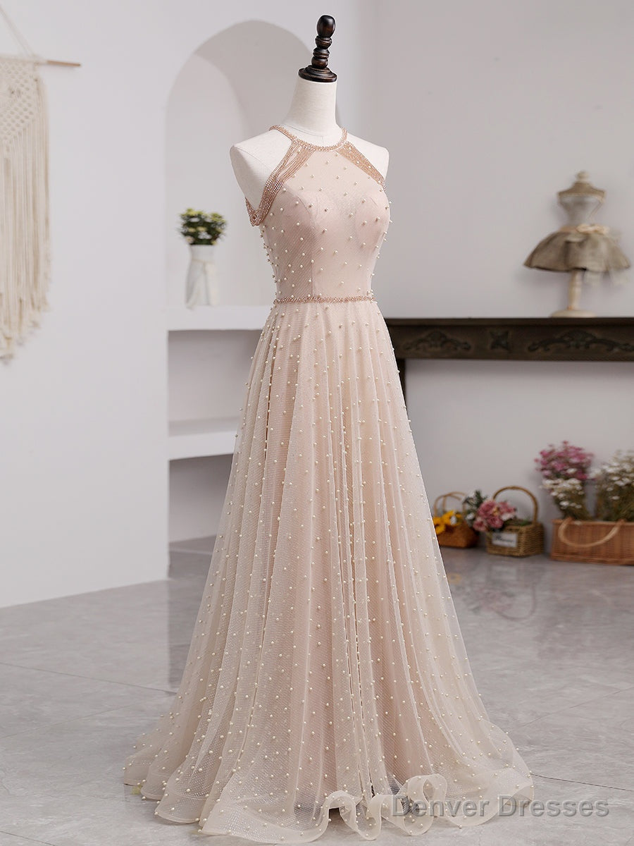 Pink Beaded Tulle Halter Long Formal Dress Evening Dress, Pink Long A-line Party Dress Main image