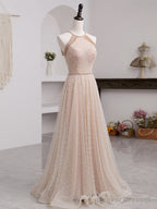 Pink Beaded Tulle Halter Long Formal Dress Evening Dress, Pink Long A-line Party Dress