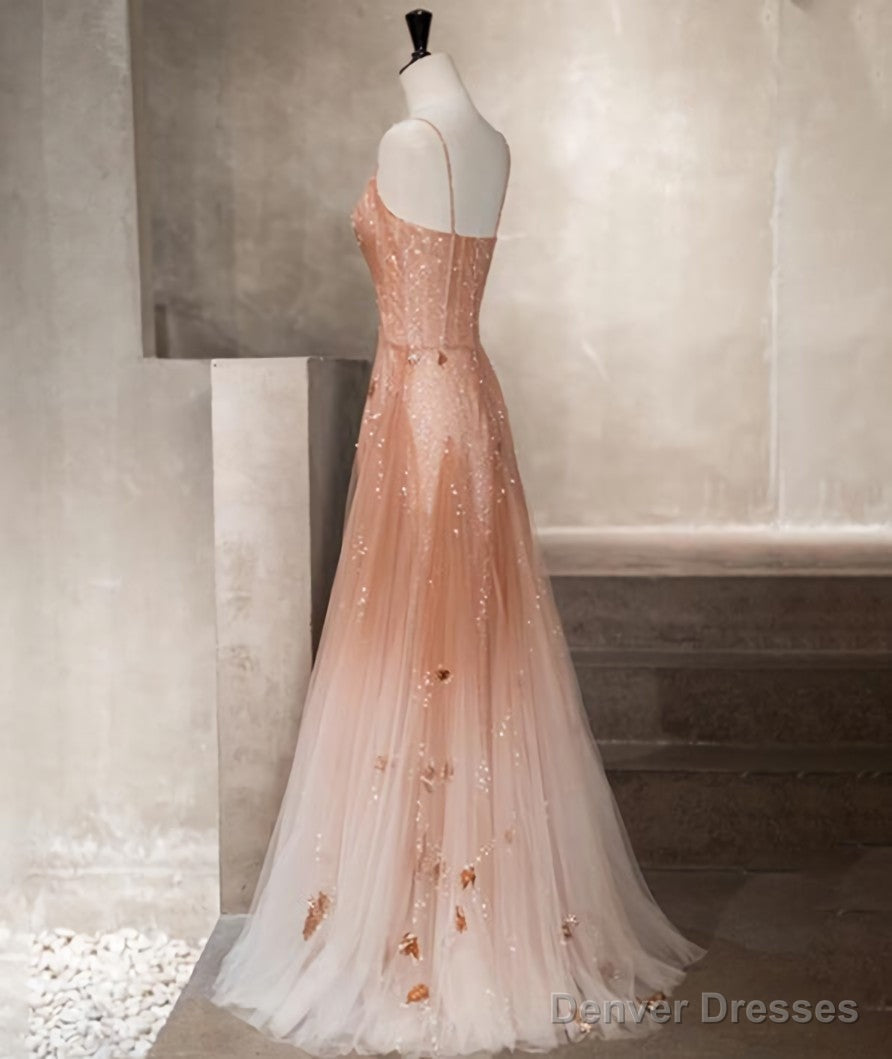 Pink Beaded Tulle Prom Dress Evening Dress, Straps Gradient Party Dresses Secondary image