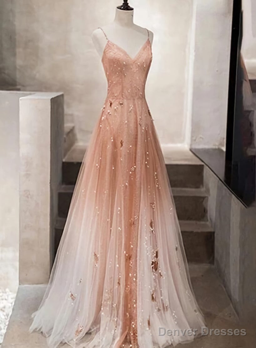 Pink Beaded Tulle Prom Dress Evening Dress, Straps Gradient Party Dresses Main image