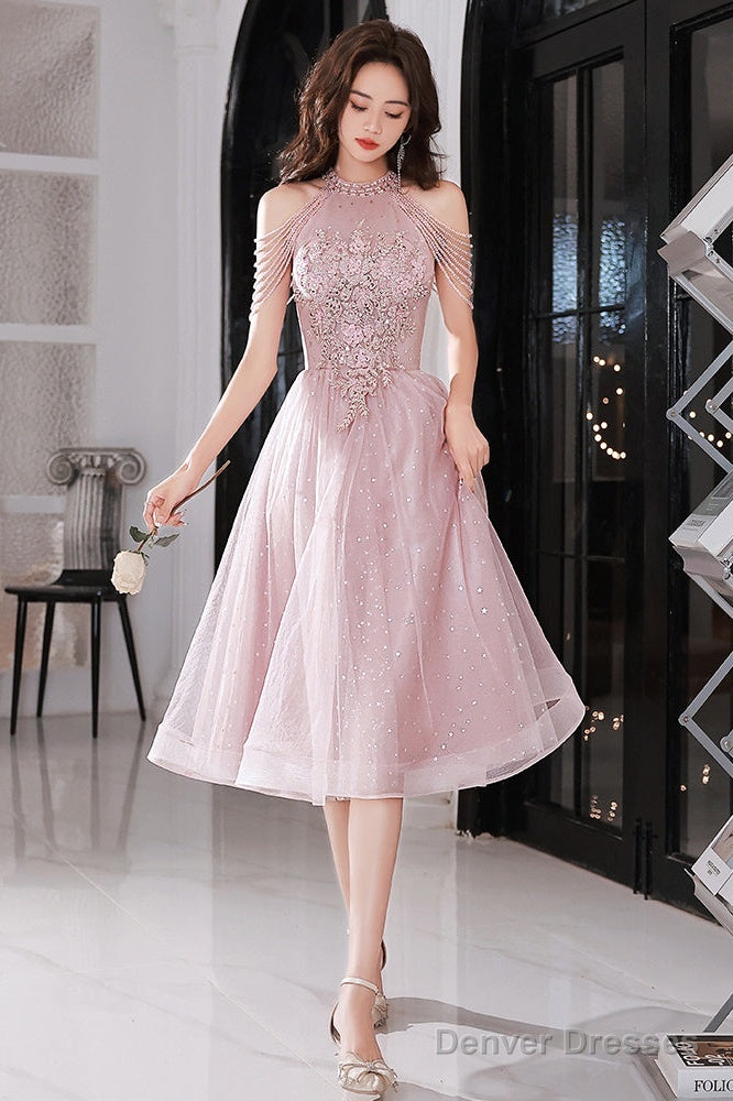 Pink Beaded Tulle Short Homecoming Dress, Pink Prom Dress Party Dress