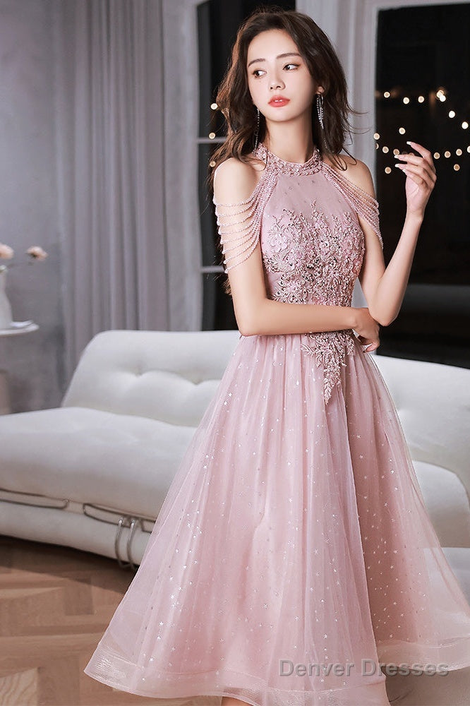 Pink Beaded Tulle Short Homecoming Dress, Pink Prom Dress Party Dress