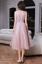 Pink Beaded Tulle Short Homecoming Dress, Pink Prom Dress Party Dress