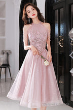 Pink Beaded Tulle Short Homecoming Dress, Pink Prom Dress Party Dress
