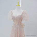 Pink Beaded Tulle Short Sleeves Long Party Dress, Pink Sweet 16 Dresses
