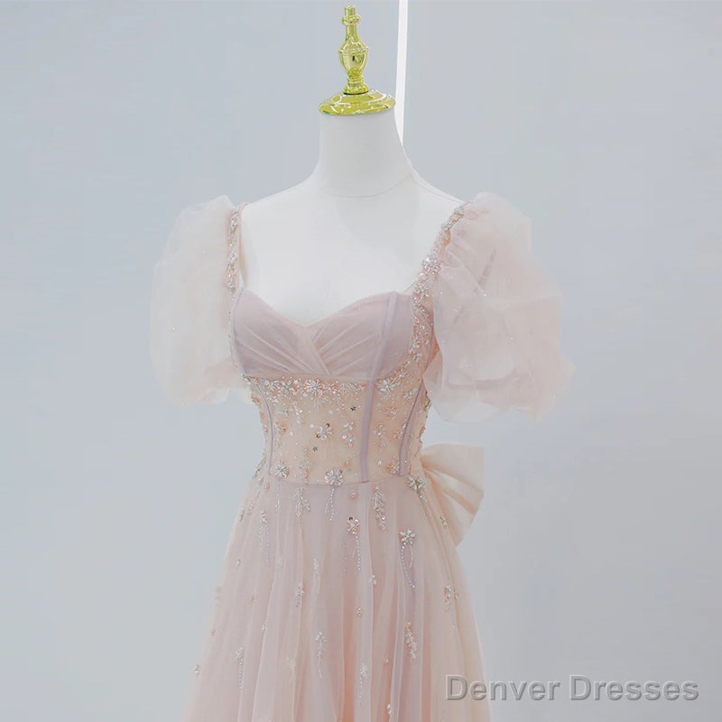 Pink Beaded Tulle Short Sleeves Long Party Dress, Pink Sweet 16 Dresses
