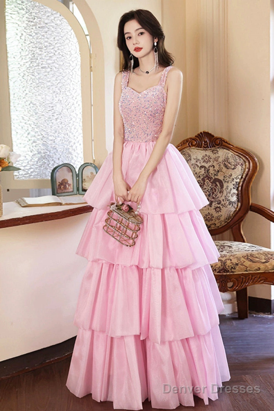 Pink/Blue Tulle Layers Long A-Line Prom Dress, A-Line Spaghetti Strap Sequins Evening Dress Main image